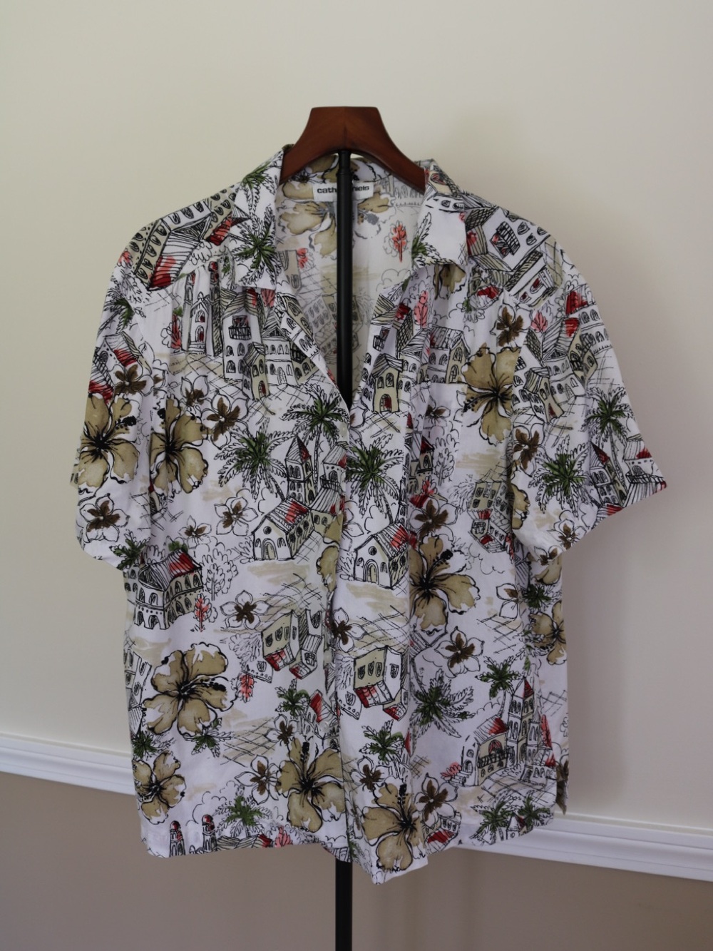 Cathy Daniels White Tropical Print Shirt with Beige and Coral Accents